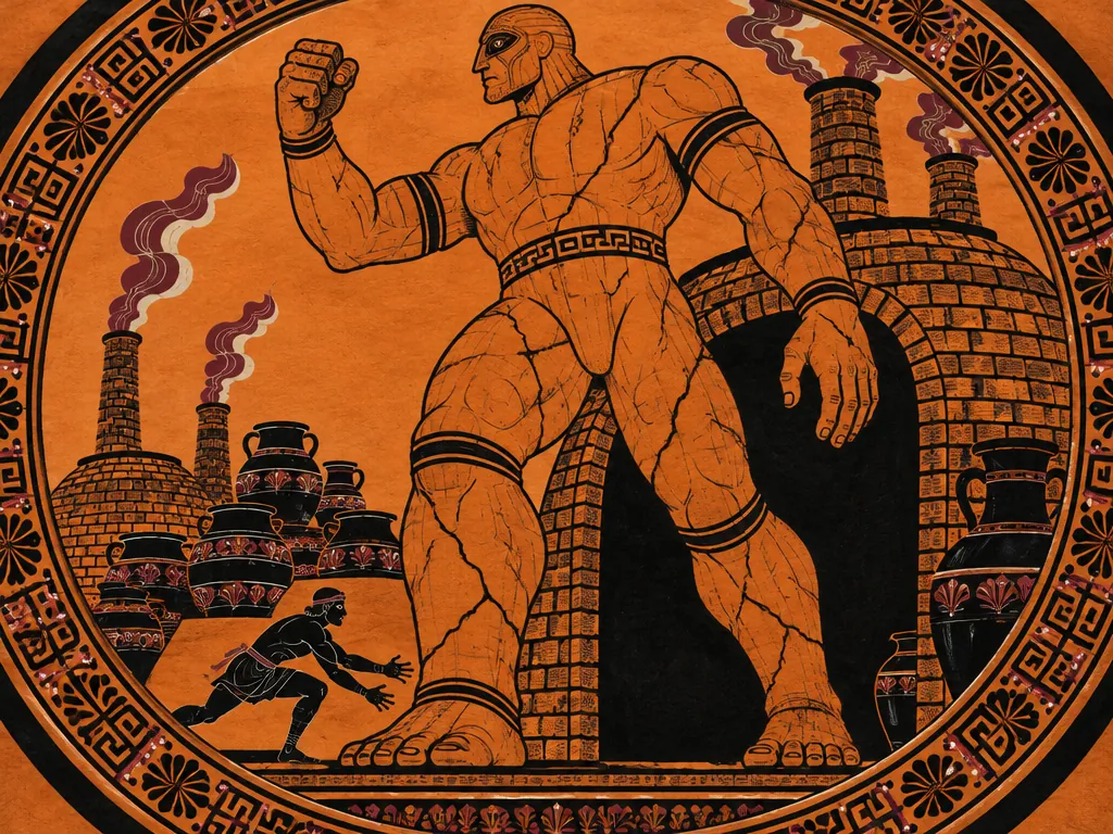 The Kiln Colossus, golem tanah liat raksasa, melangkah keluar dari tungku bata dengan tinju terangkat, sementara Doros kecil merunduk di dekat kakinya.